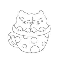 Verliebte Katzen sitzen in einer Tasse. Malbuchseite für Kinder. Valentinstag. Zeichentrickfigur. Vektor-Illustration isoliert auf weißem Hintergrund. vektor