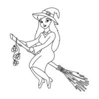 en söt häxa i hatt flyger på en kvast. målarbok sida för barn. seriefigur. vektor illustration isolerad på vit bakgrund. halloween-tema.