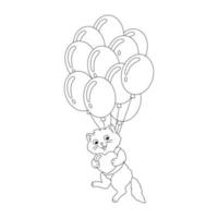 en kär katt flyger med en present i ballonger. målarbok sida för barn. seriefigur. vektor illustration isolerad på vit bakgrund.