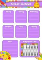skolschema med multiplikationstabell. för utbildning av barn. isolerad på en vit bakgrund. med en söt seriefigur. vektor