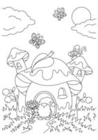 Malbuchseite für Kinder. Zeichentrickfigur. Pilzhaus und Gartenzwerg. Vektor-Illustration isoliert auf weißem Hintergrund. vektor
