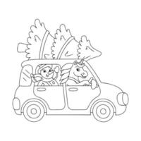snögubben och enhörningen åker i bilen och bär julgranen. målarbok sida för barn. seriefigur. vektor illustration isolerad på vit bakgrund.