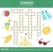 Vektor-Sommer-Kreuzworträtsel für Kinder. einfaches Quiz mit Strandobjekten für Kinder. Bildungsurlaub am Meer mit niedlichen lustigen Charakteren vektor