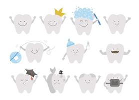 Satz süße kawaii Zähne. Vektorsammlung von Zahnsymbolen für Kinderdesign. lustiges Zahnpflegebild für Kinder. zahnarzt babyklinik clipart mit mundhygienekonzept auf weißem hintergrund. vektor