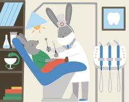 vektor tandklinik skåp. roliga djur tandläkare läkare behandla patientens tänder i medicinsk kontor. tandvård interiör platt illustration för barn. tandvård koncept