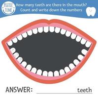 tandvårdsmattespel med söta karaktärer. tandläkare medicin matematisk labyrint aktivitet för förskolebarn. hur många tänder i munnen. enkelt tandläkarespel för barn. vektor