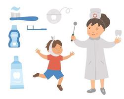 zahnarzt und kranke kinderpatientenvektorillustration. süßer zähne arzt und zahnpflege werkzeuge für kinder. Mundhygienebild für Kinder. Zahnbehandlungskonzept vektor