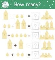 mattespel med sandslott. sommarmatematisk aktivitet för förskolebarn. strandsemester räkna kalkylblad. pedagogisk tilläggsgåta med söta element för barn vektor