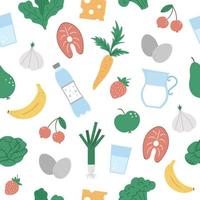 Nahtloses Muster mit Symbolen für gesundes Essen und Trinken. Vektorwiederholungshintergrund mit Gemüse, Milchprodukten, Obst, Beeren, Fisch. flache handgezeichnete organische ernährungsstruktur. vektor