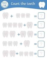 Mathespiel mit Zähnen. Zahnpflege mathematische Aktivität für Kinder im Vorschulalter. Arbeitsblatt zum Zählen zum Ausdrucken. pädagogisches Zusatzrätsel mit niedlichen lustigen Elementen. Mundhygiene-Quiz für Kinder vektor