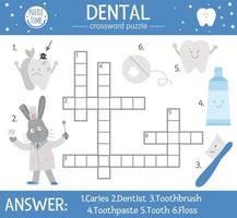 Vektor-Zahnpflege-Kreuzworträtsel. Mundhygiene-Quiz für Kinder. pädagogische medizinische aktivität mit süßem zahnarzt, zahn, zahnbürste, zahnpasta, zahnseide, apfel