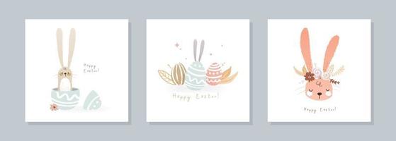 fröhliches osterkartenset mit süßem häschen und eiern. hand gezeichnete lustige illustration mit kaninchen im karikaturstil. Vektor