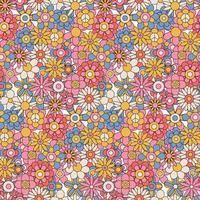 60er und 70er Retro-Vintage-Blumen nahtloses Muster. Blumenhintergrund mit verschiedenen Hippie-Gänseblümchen. umriss farbe vektor illustration.