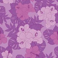 Hibiskusblüten und Blätter Musterdesign Hintergrund. tropisches naturverpackungspapier oder textildesign. schöner Druck mit handgezeichneter exotischer Blume. vektor