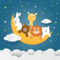 söta djur på månen med stjärnor, moln och natthimlens bakgrund, vektorillustration