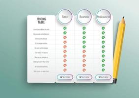 Vergleichspreisliste. preis- oder produktplandiagramm vergleichen produkte vergleichen geschäft kauf rabatt hosten bildraster. Dienstleistungen Kostentabelle unbegrenzte Menüplanung Vektor-Infografik-Vorlage. vektor