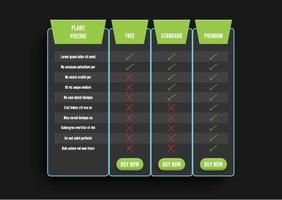 mörk modern pristabell med grönt rekommenderat alternativ. prisjämförelselista. jämföra pris eller produktplan diagram jämför produkter företag köp rabatt hosting bild rutnät. vektor