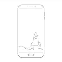 Umrisszeichnung Smartphone. Telefonbildschirm und Raketenillustrationsdesign über einem weißen Hintergrund vektor