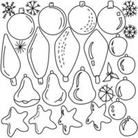 satz von doodle-konturskizzen von weihnachtsbaumspielzeug und -bällen, farbseite von dekorelementen für weihnachten vektor
