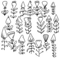 Reihe von Doodle-Pflanzen mit Blumen oder Früchten in Dreiecksform, Fantasy-Pflanzen mit verschiedenen Blättern und Blütenblättern vektor