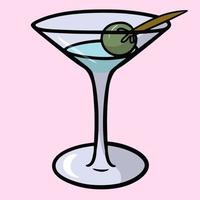 Alkoholischer Cocktail mit Oliven in einem Glas Weinglas, Cartoon-Vektorillustration auf hellrosa Hintergrund vektor