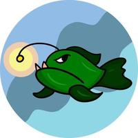 Seeteufel, räuberischer grüner Fisch mit scharfen Zähnen, Vektorkarikaturillustration auf blauem Hintergrund
