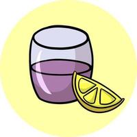 Glas transparentes Glas mit Fruchtwasser und Zitrone, Cartoon-Vektorillustration auf gelbem Hintergrund, Menüillustration