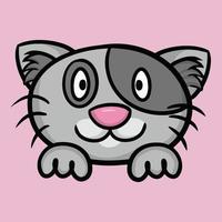 söt grå nöjd katt med mörka fläckar på pälsen, kattansikte med tassar, tecknad vektorillustration på rosa bakgrund vektor