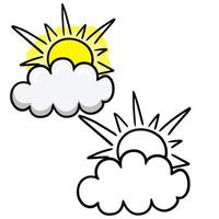 eine Reihe von Schwarzweiß- und Farbbildern. leuchtend gelbe Sonne versteckte sich auf einer Wolke, Vektor-Cartoon-Illustration, Nahaufnahme auf gelbem Hintergrund vektor