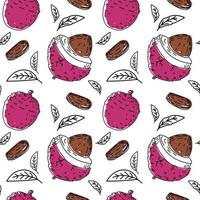 Nahtloses Muster aus exotischen Litschi-Früchten handgezeichnetes Skizzen-Stil-Doodle. Litschi. Früchte und Blätter. Frucht. Vektor einfache Abbildung