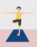 Mann, der Yoga-Posen macht, spreizt die Arme und steht mit einem Bein auf dem Teppichboden. vektor