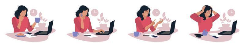 Online-Arbeit. Mädchen mit einem Laptop. Menschen und Unternehmen. der Arbeitsprozess. Infografiken, Präsentation. Freiberufler, Arbeit von zu Hause aus. Vektorbild. vektor