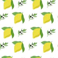 Nahtloses Muster aus Zitronen und Olivenzweigen, gezeichnet mit Doodle-Elementen im Skizzenstil. Olive mit Beeren und Zitronenfrucht auf weißem Hintergrund. Oliven vektor