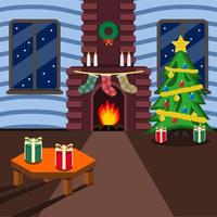 jultema vardagsrum med julgran och presenter och öppen spis perfekt för gratulationskort bakgrund vektor