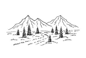 Hand gezeichnete Vektorillustration der Berglandschaft mit Kiefern. vektor