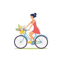 Frau im Kleid fährt Fahrrad mit Blumenkorb. Radtour im Sommer. Mädchen ist Radfahrer vektor