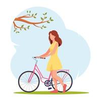 flicka i sommarklänning står bredvid rosa cykel på bakgrunden av blå himmel. cykeltur på sommaren eller våren. charmig kvinnlig cyklist. sommar, varm dag, vila vektor