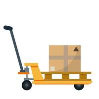 vagn med lådor. industriell sjöfart. låda med paket. lastning, lagring och logistik i lager. handkärra på hjul med last. platt plattformsvagn vektor