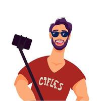 Hippie-Mann, der selfie unter Verwendung eines Smartphones und einer flachen Vektorillustration des Selfiestocks lokalisiert auf weißem Hintergrund nimmt. Lifestyle und Mobilfunktechnologie.