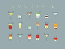 posterflache cocktailkarte mit glas, rezepten und namen von cocktailgetränken, die horizontal auf graublauem hintergrund zeichnen vektor