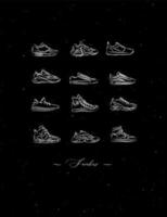 Herrenschuhe verschiedene Arten von Sneakers Set Zeichnung im Vintage-Stil auf schwarzem Hintergrund