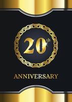 Feier zum 20-jährigen Jubiläum. luxusfeierschablone mit goldener dekoration auf schwarzem hintergrund. elegante Vektorvorlage für Einladungskarte, Feier, Grußkarten und andere.