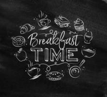 frukost tid monogram med mat ikon ritning med krita på svarta tavlan vektor
