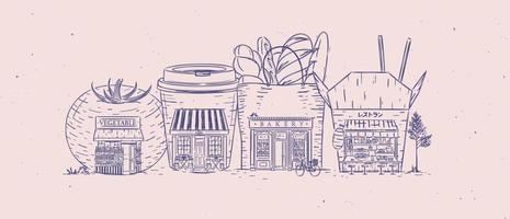 uppsättning skyltfönster livsmedelsbutiker, café, bageri, asiatisk mat ritning med blå färg vektor