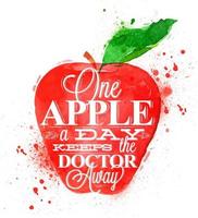 Poster mit rotem Aquarell-Apfel-Schriftzug Ein Apfel am Tag hält den Arzt fern vektor
