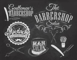 set barbershop, schere, rasierpinsel, rasiermesser, zylinder, im retro-stil und stilisierte zeichnung mit kreide.