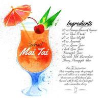 Mai-Tai-Cocktails gezeichnete Aquarellkleckse und -flecken mit einem Spray, einschließlich Rezepten und Bestandteilen vektor