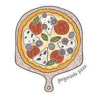 gorgonzola-pizza mit tomaten und gorgonsola und basilikum, skizzenillustration vektor