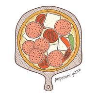 peperoni pizza med varm salami och mozzarella och tomat, skiss illustration vektor