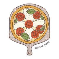 caprese-pizza mit tomaten und mozzarella und basilikum, skizzenillustration vektor